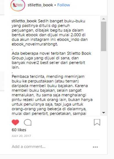 Caption foto yang ditulis oleh penerbit Stiletto yang juga sangat tidak terima adanya pembajakan (sumber: instagram Stilleto book)