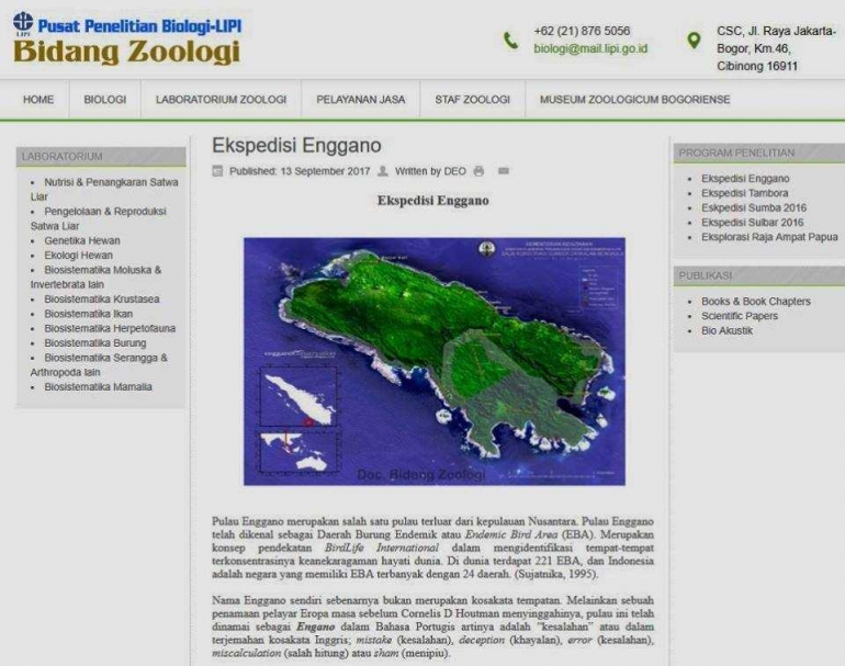 Halaman web biologi.lipi.go.id yang mencomot sebagian isi dan foto dalam buku Profil Kawasan Konservasi Enggano. (Kiriman Rendra Regen Rais)