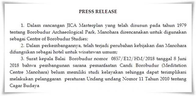 Press release dikeluarkan oleh Balai Konservasi Borobudur