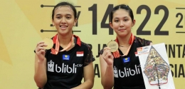 Ganda putri Indonesia, Febriana Dwipuji/RIbka Sugiarto jadi juara AJC 2018/Foto: Twitter Inabadmnton