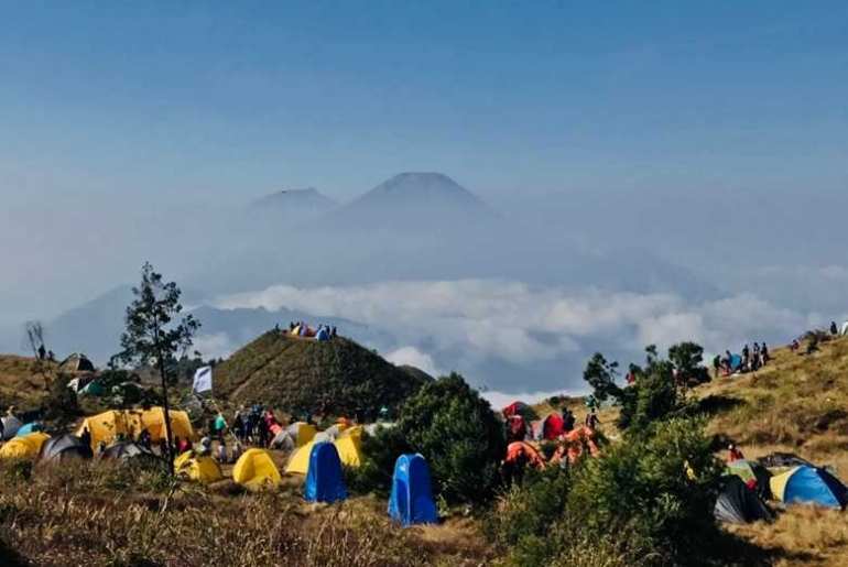 Lokasi perkemahan dengan latarbelakang Gunung Sindoro. (Foto: Dokpri.)