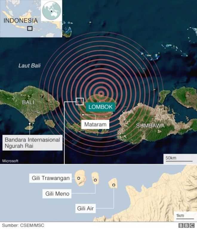 Posisi tiga pulau gili (Gilir Air, Gili Meno dan Gili Trawangan) di kawasan gempa Lombok pada patahan aktif di utara Bali, Lombok, Sumbawa (Sumber: BBC News Indonesia)