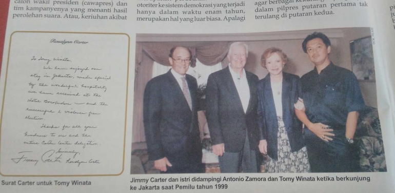 Gambar : Tomy Winata, pengusaha besar Indonesia (kanan), Jimmy Carter, Presiden ke 39 Amerika dan istrinya (tengah), serta Antonio Zamora (kiri). Foto: MgP - Majalah Pilars, edisi 12 - 18 Juli 2004; Laporan Khusus Capres, hal. 14.