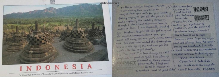 kartu pos bergambar Candi Borobudur yang saya kirimkan untuk Pangeran Harry & Meghan Markle. (foto: dokpri)