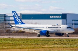 Pesawat Bombardier CS100 saat melakoni uji terbang (Sumber: Bombardier)