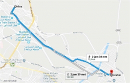 Foto-3: dari Mina ke Arafah, berjarak 14 km, ditempuh sekitar 3 jam (google map).
