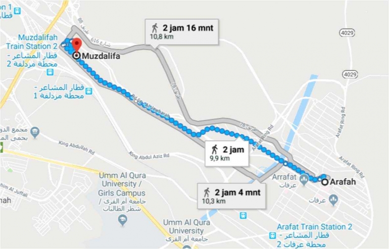 Foto-4: Arafah menuju Muzdalifah, berjarak sekitar 11 km, ditempuh sekitar 2 jam dengan jalan kaki (google map).