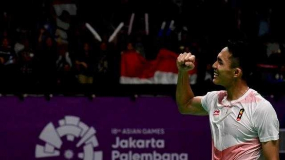 Selebrasi Jonatan Christie setelah mengalahkan Shi Yuqi di nomer perorangan tunggal putra Asian Games 2018, Istora Senayan, Jakarta (INASGOC)