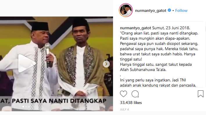 Pidato Gatot Nurmantyo di Sumut 23 Juni, mengatakan ia akan ditangkap, diapa-apakan, pengawalnya sudah dicopot [tangkap layar instragram @nurmantyo_gatot]