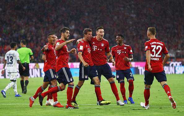 Selebrasi gol perdana Bayern Munich di laga perdana Bundesliga (Foto Goal.com)