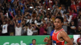 Lalu M Zohri di final lari 100 meter putra Asian Games 2018 (Andika Wahyu/ANTARA FOTO/INASGOC)
