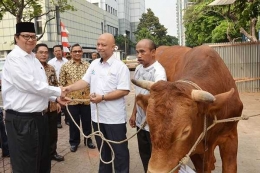 Airlangga Hartarto melaksanakan salat Idul Adha bersama jajaran pengurus dan kader Golkar di DPP Partai Golkar, Slipi, Jakarta Barat, Rabu (22/8/2018). Partai Golkar pun berkurban sapi sebanyak 26 ekor dan sejumlah kambing.