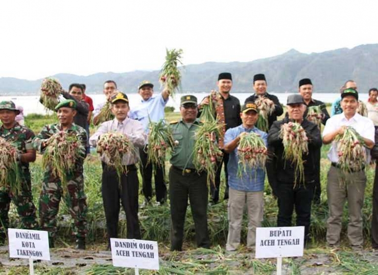 Gambar, Kepala Dinas Perkebunan Aceh bersama Bupati Aceh Tengah dan Dandim 0106/Aceh Tengah melakukan panen bawang merah di Kecamatan Lut Tawar, Aceh Tengah (Doc. FMT)