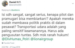 Cuitan saya di Twitter ketika pertama kali menanggapi kasus Neno Warisman menggunakan PA Lion Air tersebut (27/8/2018, pukul 14:32 WIB).