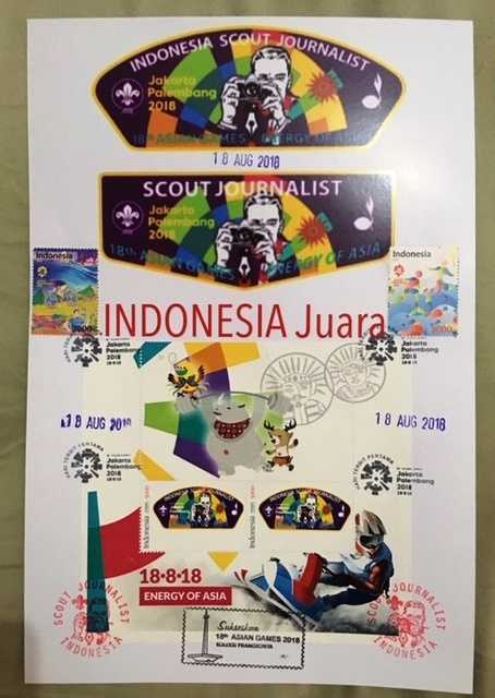 Benda kenangan Indonesia Scout Journalist dengan prangko Prisma Asian Games 2018. (Foto: ISJ)