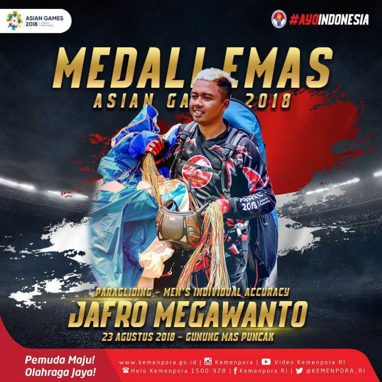 Jafro Megawanto, peraih medali emas cabor Paralayang di Asian Games 2018|Sumber: Twitter @imam_nahrowi