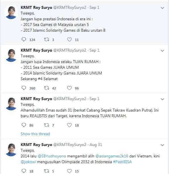 Cuitan Roy Suryo tentang Asian Games 2018/Twitter @KRMTRoySuryo2