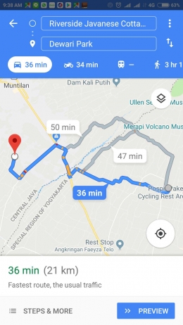 Perkiraan waktu dari Villa Riverside Sleman ke Dewari (screenshot pribadi)