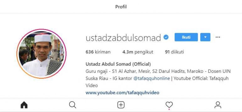 screenshoot Instagram Ustad Abdul Somad oleh penulis