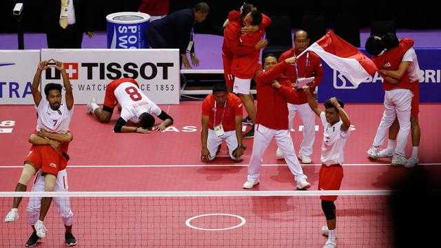 Tim Sepak Takraw Indonesia setelah sukses mengkandaskan tim Jepang dengan skor 2-1 (Dok. Bola.com)