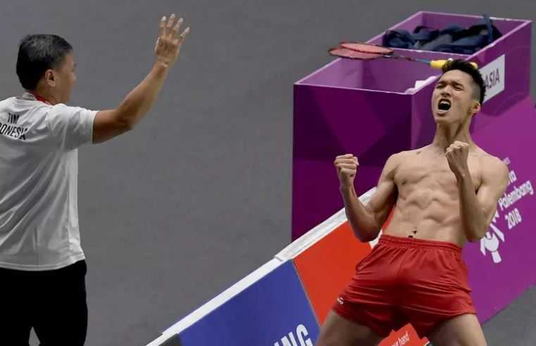 Aksi Selebrasi Jonatan Christie di Asian Games 2018. FOTO: Antara