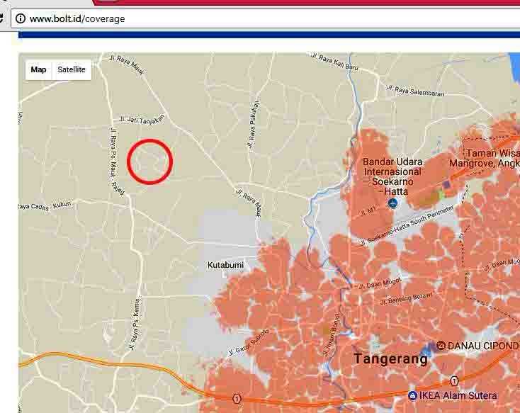 Lingkaran merah adalah tempat tinggal saya yang berada jauh dari Bolt coverage area yang berwarna pink.