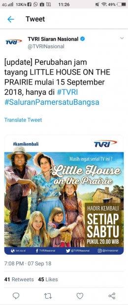 Little House on the Prairie Tayang Kembali (Sumber: Twitter TVRINasional)