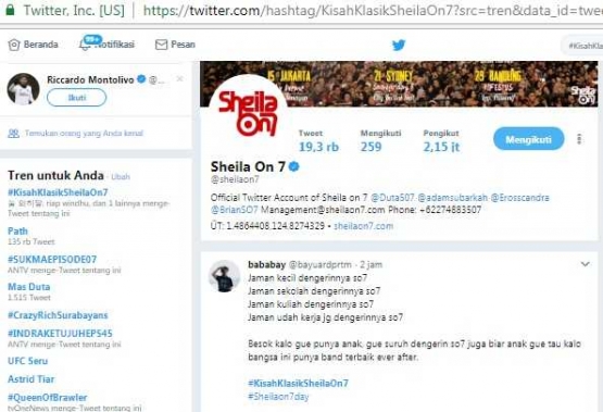 Sheila On 7 dengan kisah klasik yang jadi trending topik (sumber:twitterso7)