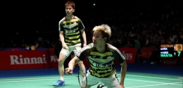 Ganda putra Indonesia, Marcus Gideon/Kevin Sanjaya. mendapatkan perlawanan sengit dari ganda Belanda di perempat final/Foto: Twitter InaBadminton