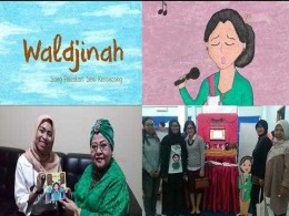 Sumber gambar: Sumoro, 2018 (Atas: film animasi Waldjinah, Dari kiri bawah: Sumoro bersama Ratu Keroncong Waldjinah, Sumoro bersama cucu Waldjinah, Ika Ariyunita (paling kiri), dan para dosen (kanan)