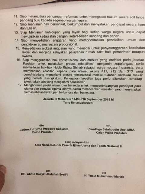 Draft poin-poin pakta integritas 2 dalam Ijtimak Ulama II yang diselenggarakan GNPF-U (gelora.co).