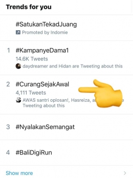 Hastag #CurangSejakAwal muncul menyikapi pelanggaran aturan kampanye damai yang diselenggarakan KPU oleh partai dan simpatisan Jokowi (dokpri)