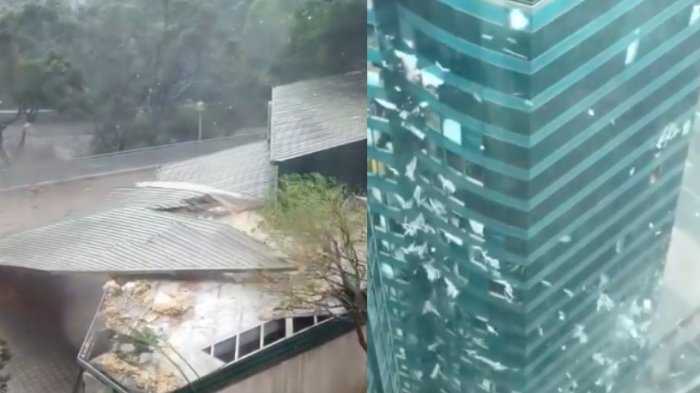 Salah satu gedung yang kacanya pecah karena Topan Mangkhut| Sumber: Video Coconut
