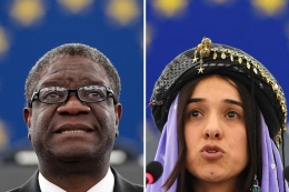 Peraih hadiah Nobel Perdamaian 2018 Dr Denis Mukwege (Kongo) dan Nadia Murad (Irak).(AFP/FREDERICK FLORIN)