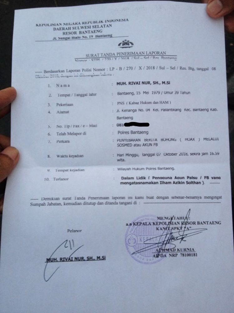 STPL atas Laporan Polisi terkait akun palsu mengatas namakan Bupati Bantaeng (08/10/2018).