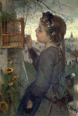 “A Girl Feeding a Bird in a Cage” by Jacob Maris on ArtStack