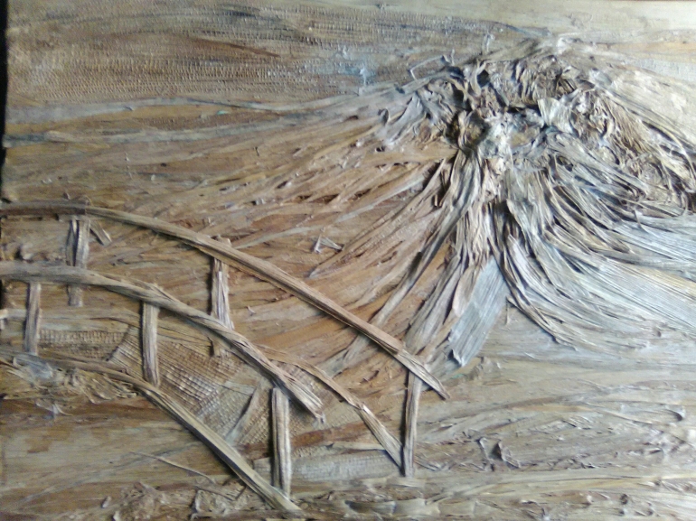 Lukisan abstrak berjudul : Andaikan. Kenangan buat alm. Den Tutur yang gugur saat berusaha menyelamatkan mBah Maridjan sewaktu erupsi Gunung Merapi Jogja 2010. Dokpri.