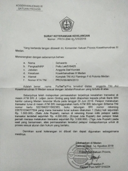 Surat Laporan Sehwanto ke Satuan Provost Kosekhanudnas III Medan (dok. Tjin)
