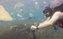 Rich Horner memfilmkan dirinya sendiri berenang melalui beberapa kantong plastik, botol, dan sedotan di perairan laut Pulau Bali (Sumber: telegraph.co.uk/RICH HORNER)