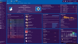 Tampilan rumah Football Manager 2019. Warna utama berubah, tergantung warna utama tim yang Anda pakai.