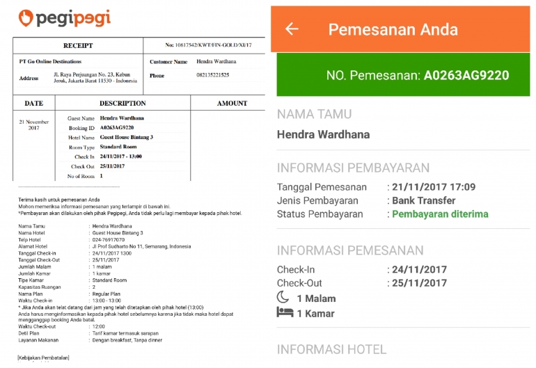 Resep pemesanan kamar hotel melalui Pegipegi dijamin valid dan memberi kepastian menginap (dok. pri).