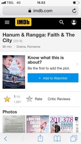 Rating nilai 1 utk film Hanum dan Rangga (dok IMDB)