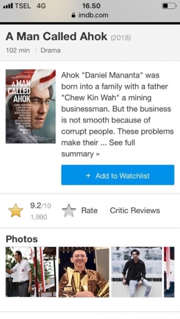 Rating 9.2 utk film A Man Called Ahok (dok IMDb)