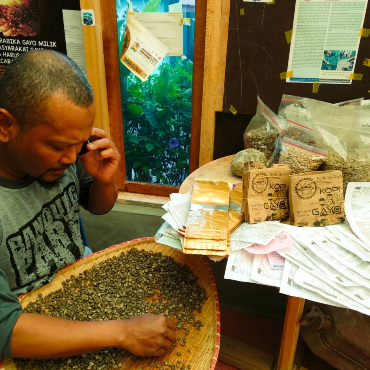 Win Ruhdi Bathin, pengusaha UMKM Kopi Gayo sedang menyortir kopi, dan di mejanya terlihat arsip faktur pengiriman via JNE (Foto: Syukri MS)