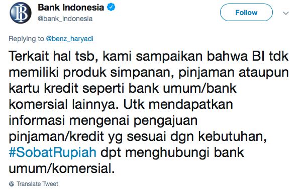 tangkapan layar dari twitter resmi Bank Indonesia