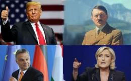 Para pemimpin beraliran Populisme. Searah jarum jam : Trump, Hitler, Le Pen, Orban