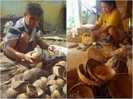 Tempurung kelapa untuk membuat irus, vas bunga, dan lain-lain (dok. pri).
