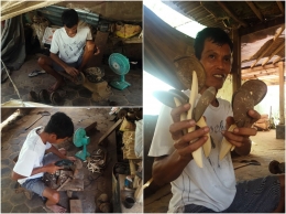 Sawanto, salah satu perajin limbah kelapa di Purbalingga Wetan dengan irus bergagang pendek buatannya (dok. pri). 