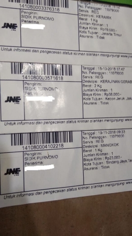 Resi pengiriman produk Buntari Ceramic lewat jasa JNE (dok. pribadi)