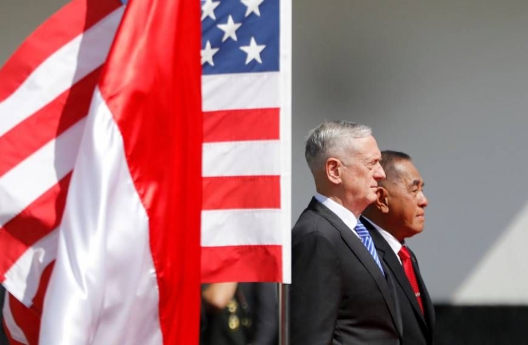 Menteri Pertahanan Ryamizard Ryacudu dan Menhan AS James Mattis di Washington DC, Amerika Serikat/japantimes.co.jp